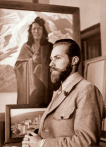 Святослав Николаевич Рерих у своей картины «Карма Дордже». Наггар, 1934